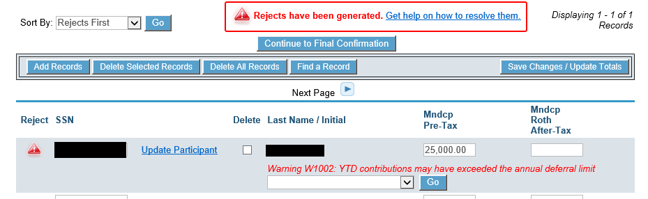 Excess Contribution Error Notice screenshot